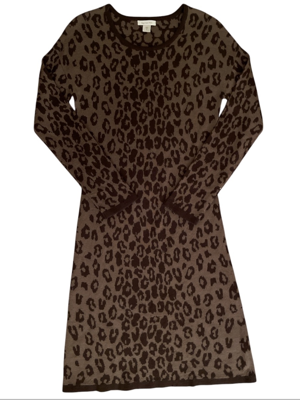 Garnet Hill 100% Merino Wool Long Sleeve Brown Leopard Print Dress Size Small